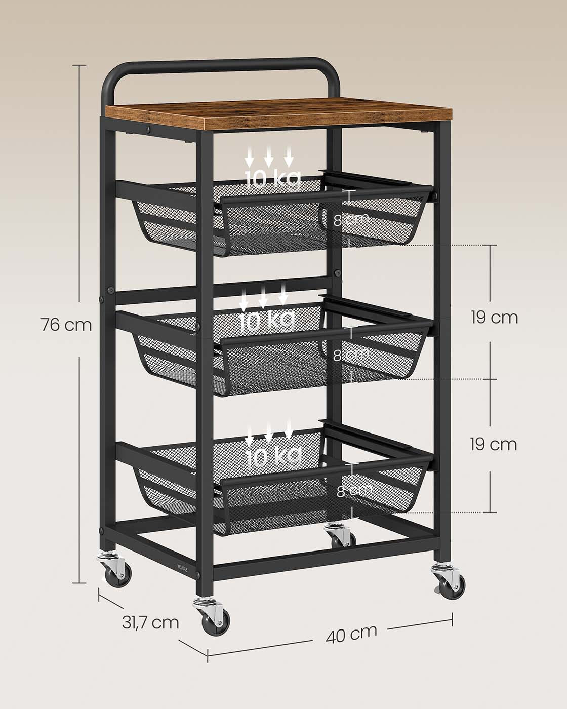 Serveerwagen op Wielen met Uittrekbare Manden en Handgreep, 31,7 x 40 x 76 cm