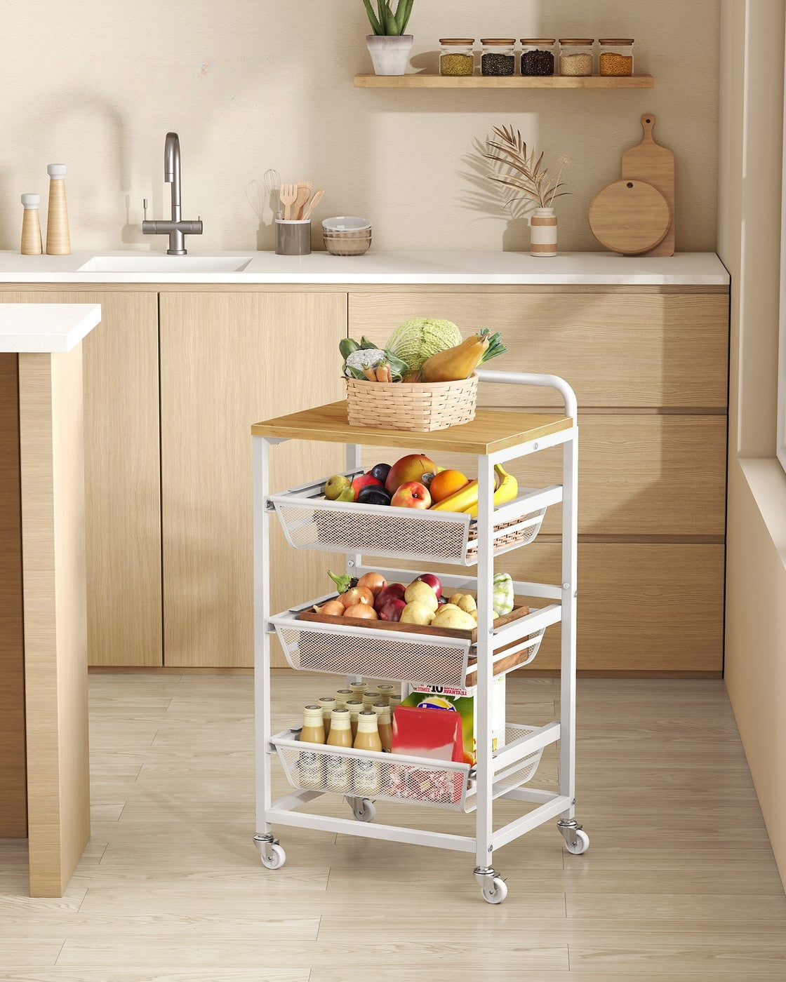 Serveerwagen op Wielen met Uittrekbare Manden en Handgreep, 31,7 x 40 x 76 cm