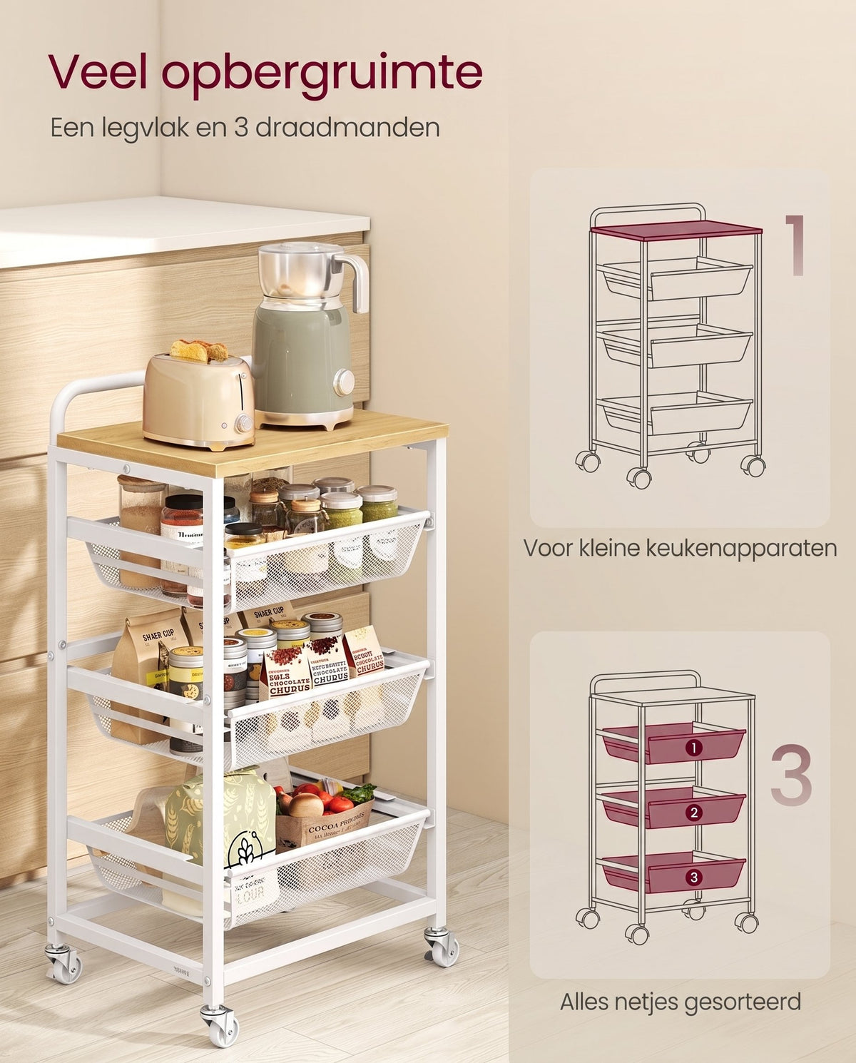 Serveerwagen op Wielen met Uittrekbare Manden en Handgreep, 31,7 x 40 x 76 cm