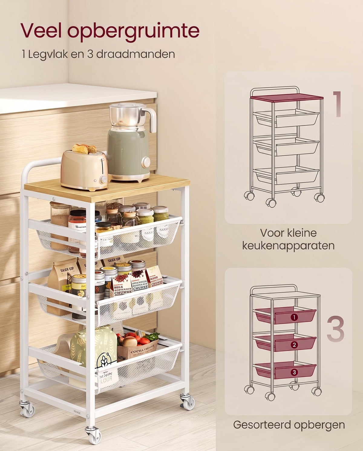 Serveerwagen op Wielen met Uittrekbare Manden en Handgreep, 31,7 x 40 x 76 cm