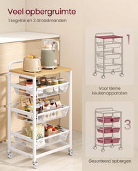 Serveerwagen op Wielen met Uittrekbare Manden en Handgreep, 31,7 x 40 x 76 cm