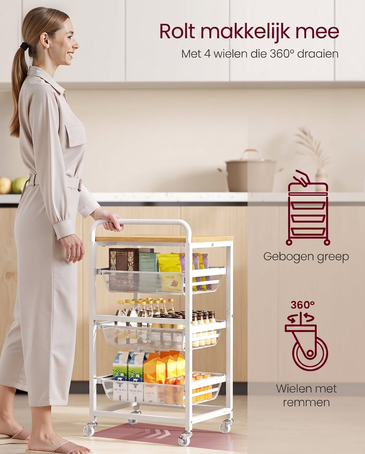 Serveerwagen op Wielen met Uittrekbare Manden en Handgreep, 31,7 x 40 x 76 cm