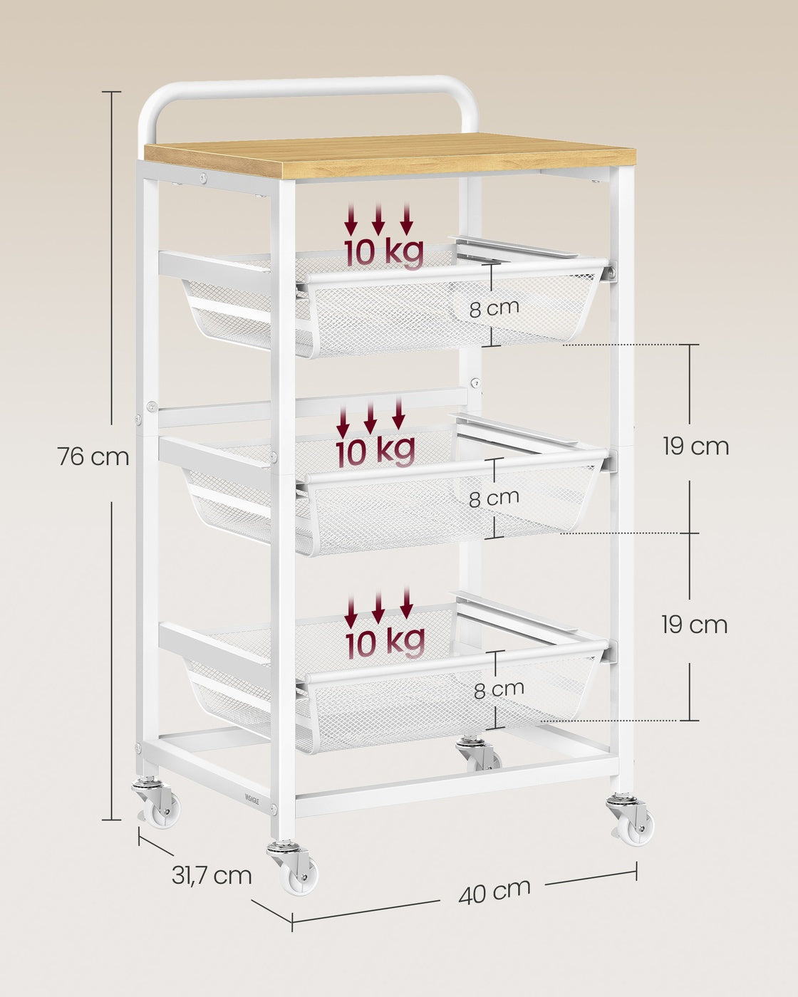 Serveerwagen op Wielen met Uittrekbare Manden en Handgreep, 31,7 x 40 x 76 cm