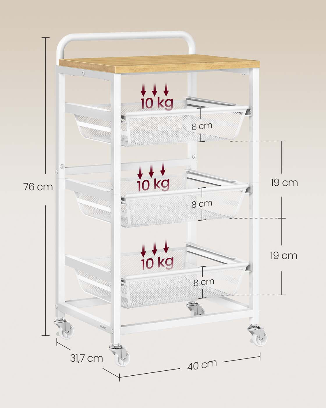Serveerwagen op Wielen met Uittrekbare Manden en Handgreep, 31,7 x 40 x 76 cm