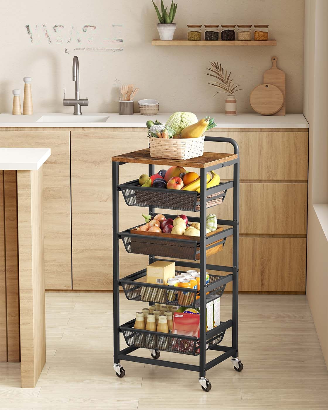 Serveerwagen op Wielen met Uittrekbare Manden en Handgreep, 31,7 x 40 x 76 cm