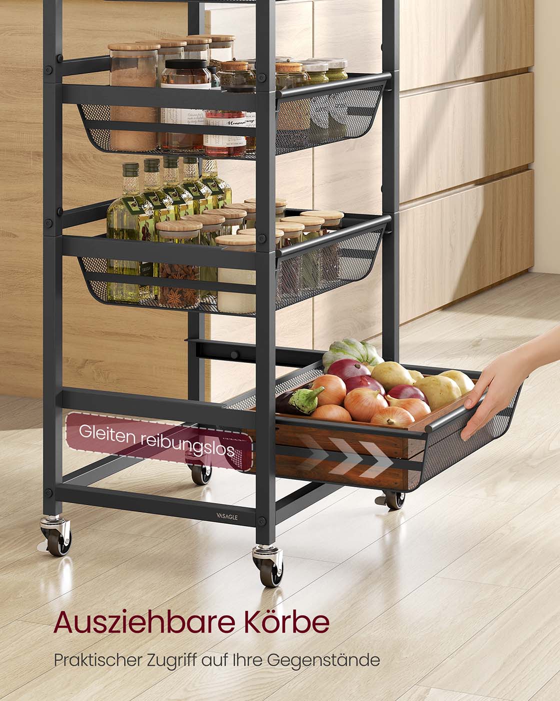 Serveerwagen op Wielen met Uittrekbare Manden en Handgreep, 31,7 x 40 x 76 cm
