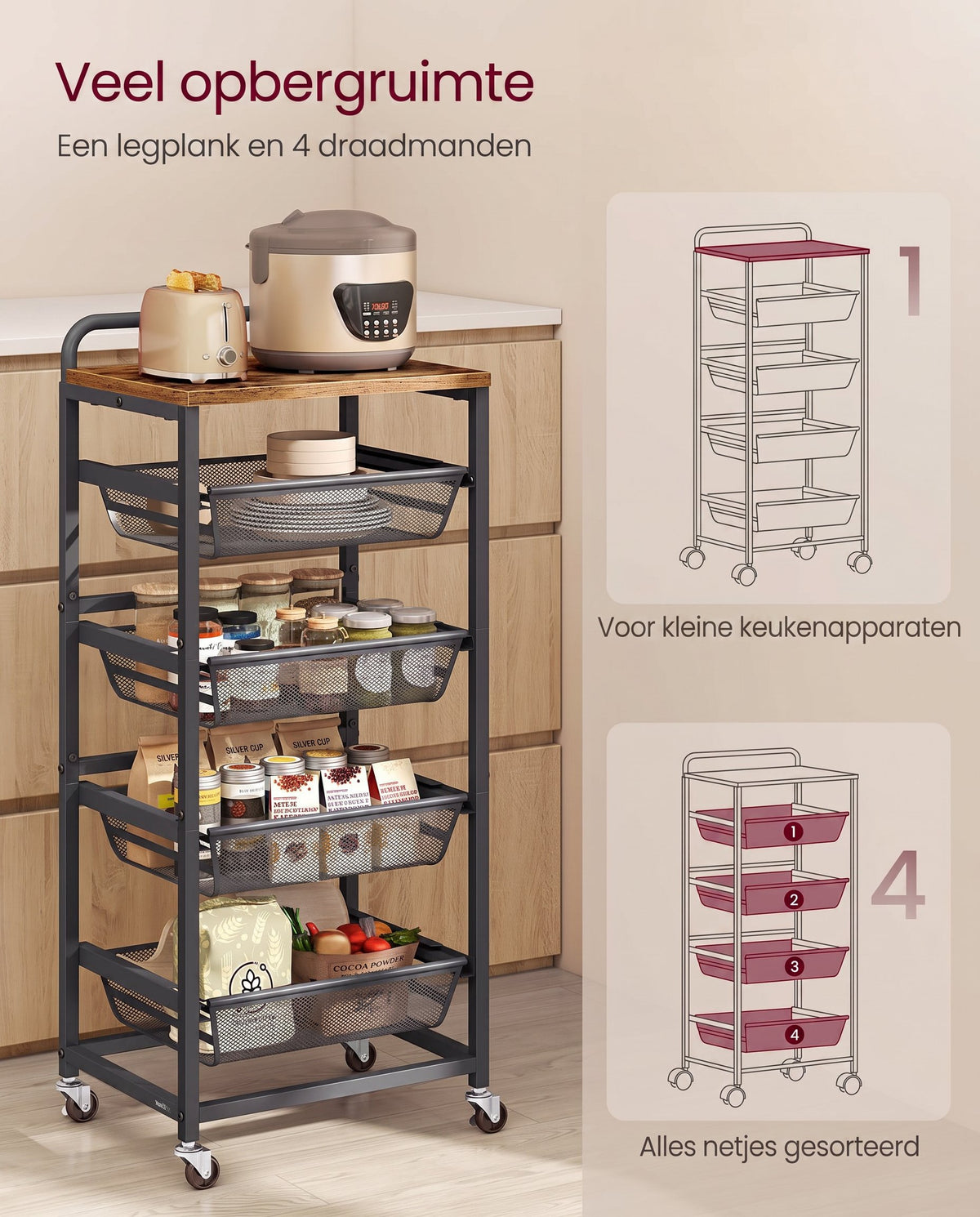 Serveerwagen op Wielen met Uittrekbare Manden en Handgreep, 31,7 x 40 x 76 cm