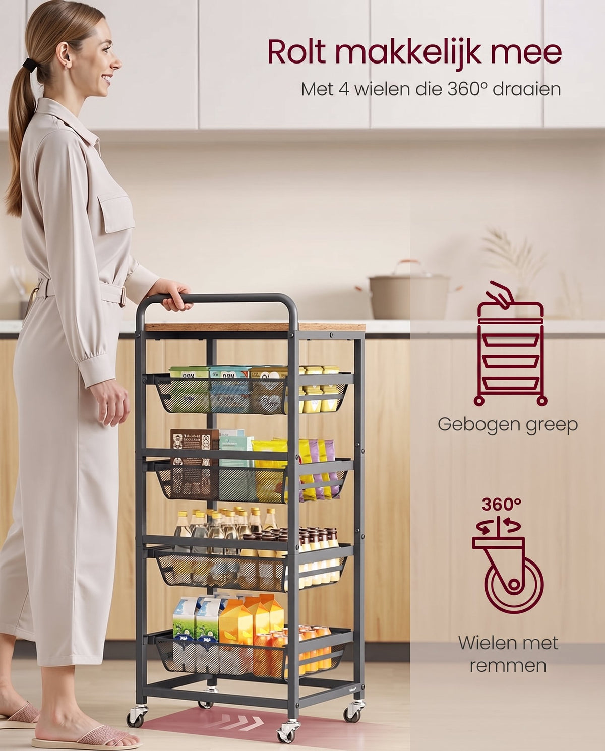 Serveerwagen op Wielen met Uittrekbare Manden en Handgreep, 31,7 x 40 x 76 cm