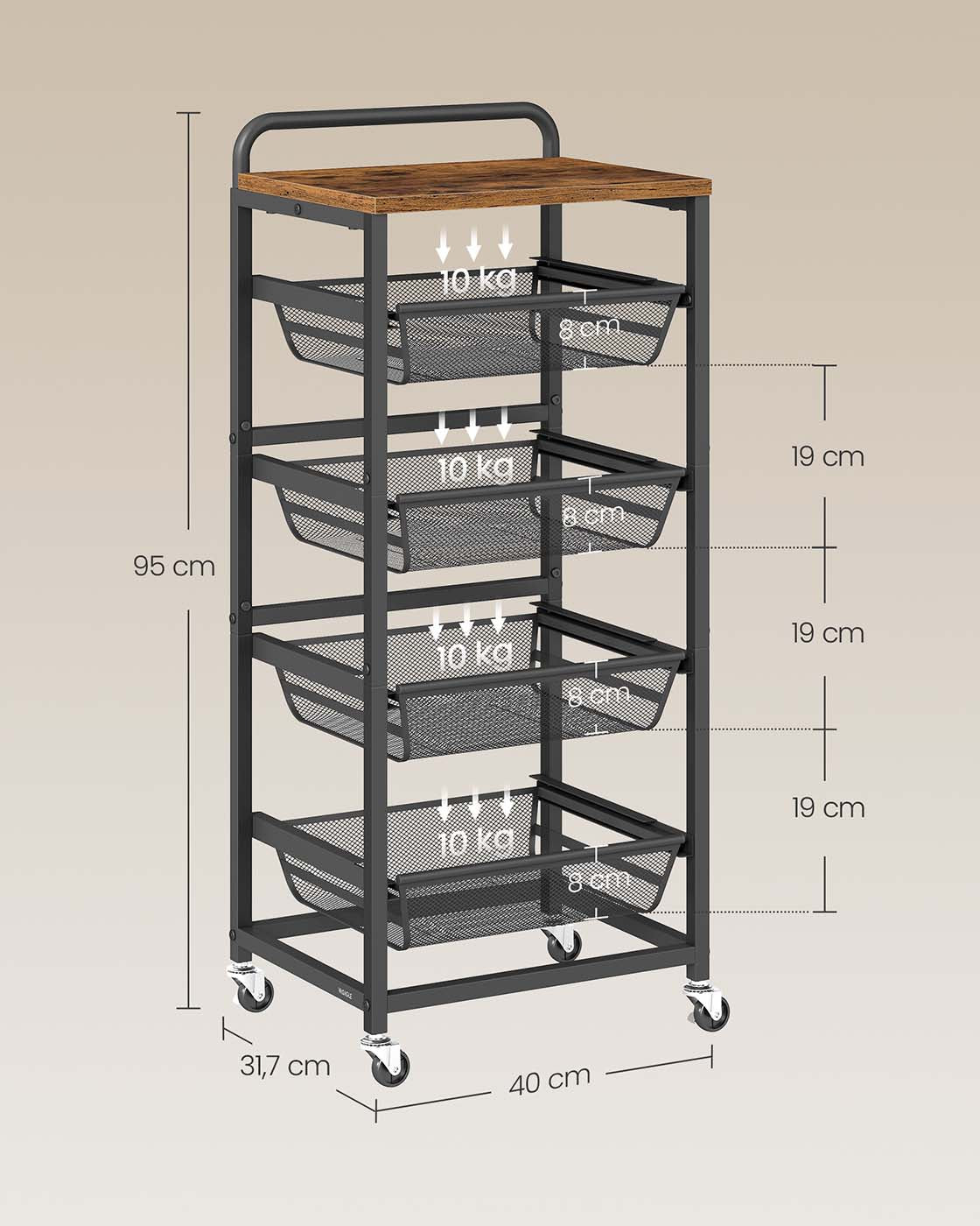 Serveerwagen op Wielen met Uittrekbare Manden en Handgreep, 31,7 x 40 x 76 cm
