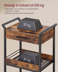 Verrijdbare Opbergwagen met 3 Niveaus en Lade, 30 x 46,2 x 70,5 cm