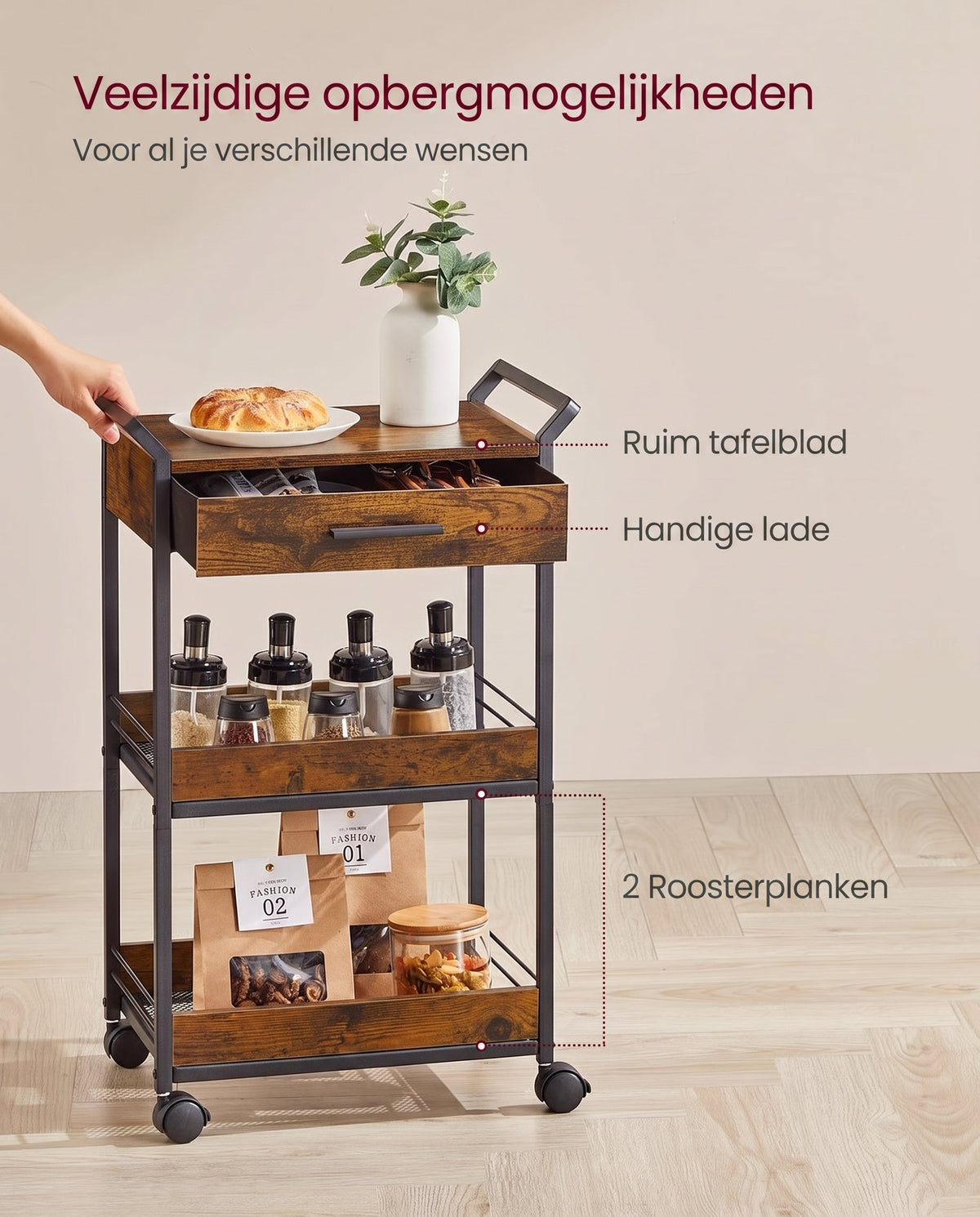 Verrijdbare Opbergwagen met 3 Niveaus en Lade, 30 x 46,2 x 70,5 cm
