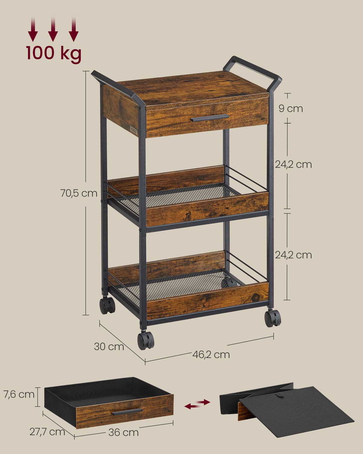 Verrijdbare Opbergwagen met 3 Niveaus en Lade, 30 x 46,2 x 70,5 cm