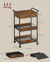 Verrijdbare Opbergwagen met 3 Niveaus en Lade, 30 x 46,2 x 70,5 cm