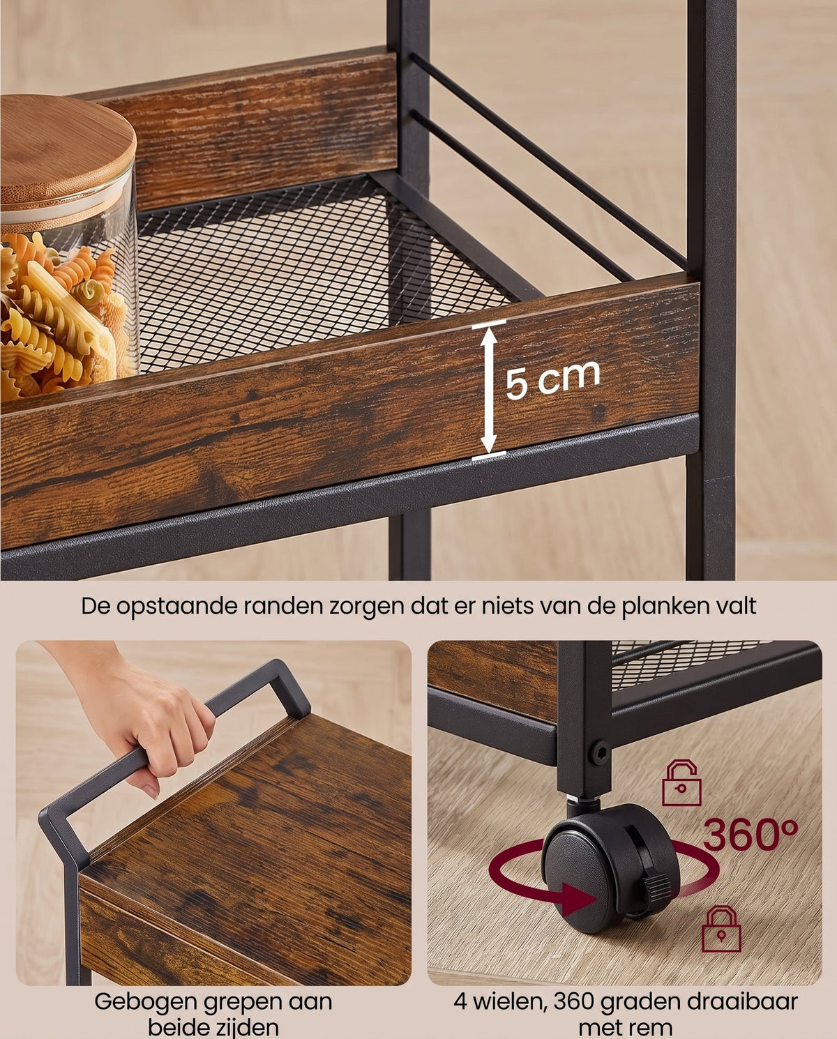 Verrijdbare Opbergwagen met 3 Niveaus en Lade, 30 x 46,2 x 70,5 cm