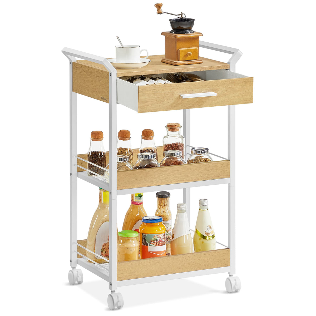 Verrijdbare Opbergwagen met 3 Niveaus en Lade, 30 x 46,2 x 70,5 cm