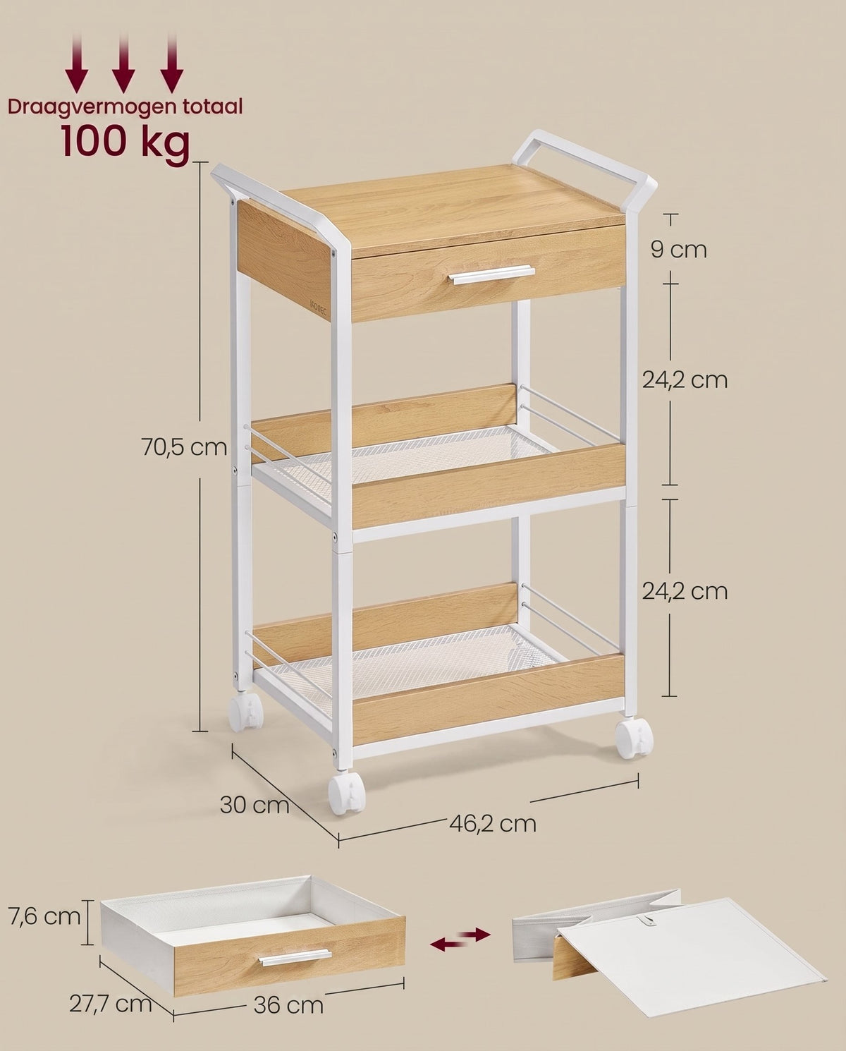Verrijdbare Opbergwagen met 3 Niveaus en Lade, 30 x 46,2 x 70,5 cm