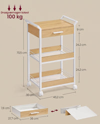 Verrijdbare Opbergwagen met 3 Niveaus en Lade, 30 x 46,2 x 70,5 cm