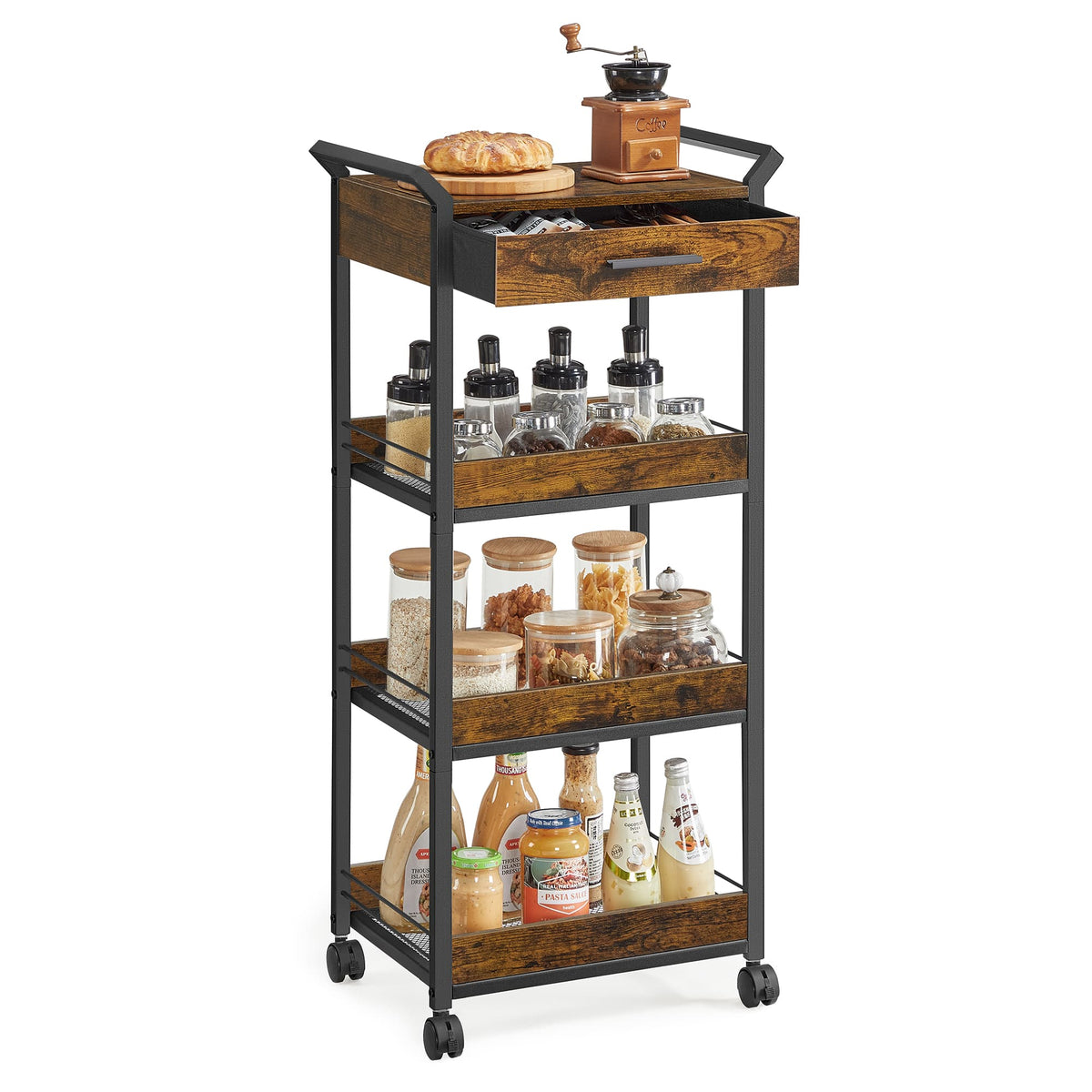 Verrijdbare Opbergwagen met 3 Niveaus en Lade, 30 x 46,2 x 70,5 cm