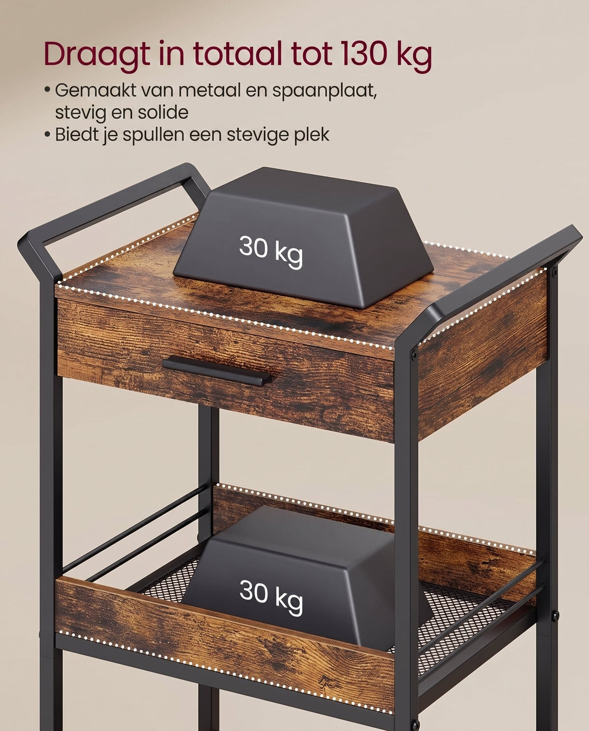 Verrijdbare Opbergwagen met 3 Niveaus en Lade, 30 x 46,2 x 70,5 cm