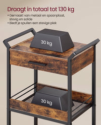 Verrijdbare Opbergwagen met 3 Niveaus en Lade, 30 x 46,2 x 70,5 cm
