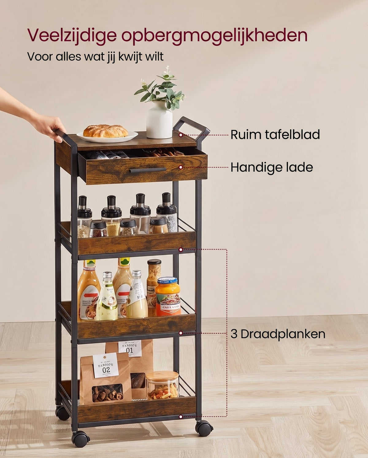 Verrijdbare Opbergwagen met 3 Niveaus en Lade, 30 x 46,2 x 70,5 cm