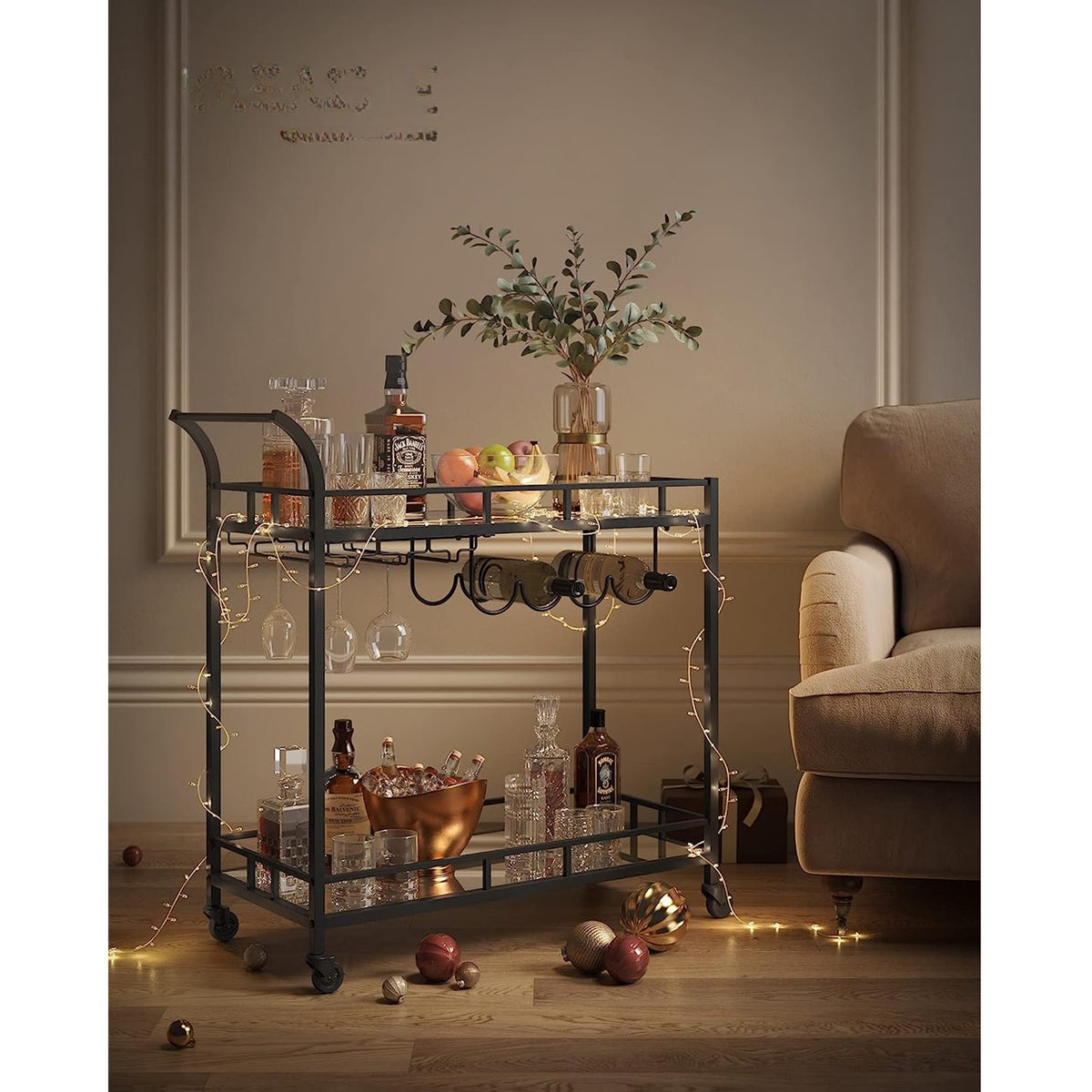 Serveerwagen op Wielen met 2 Spiegelglazen Planken en Flessenhouders, 80 x 38 x 77,5 cm