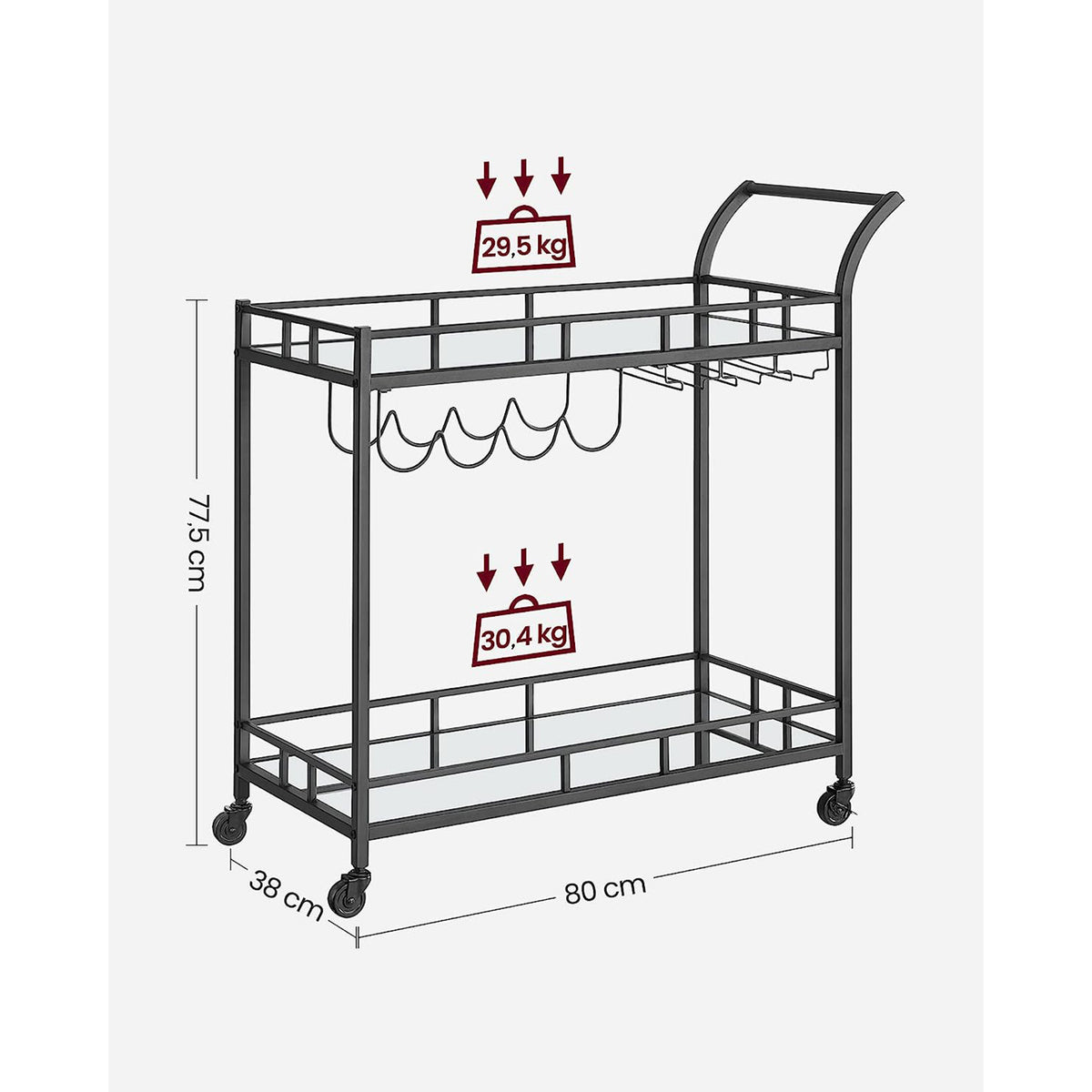 Serveerwagen op Wielen met 2 Spiegelglazen Planken en Flessenhouders, 80 x 38 x 77,5 cm