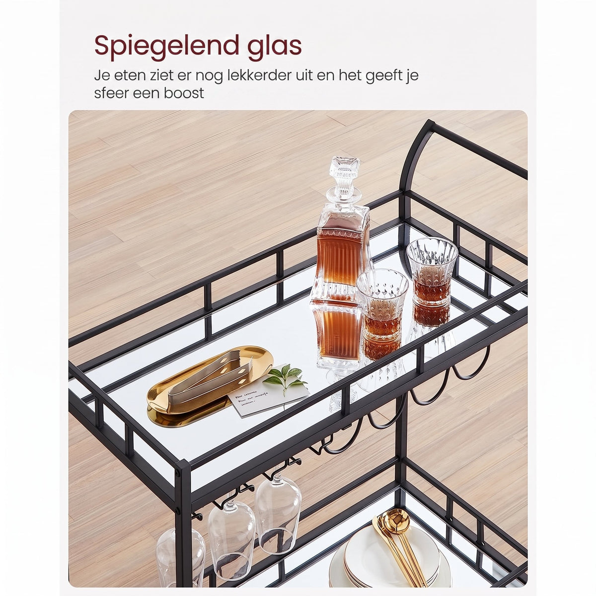 Serveerwagen op Wielen met 2 Spiegelglazen Planken en Flessenhouders, 80 x 38 x 77,5 cm