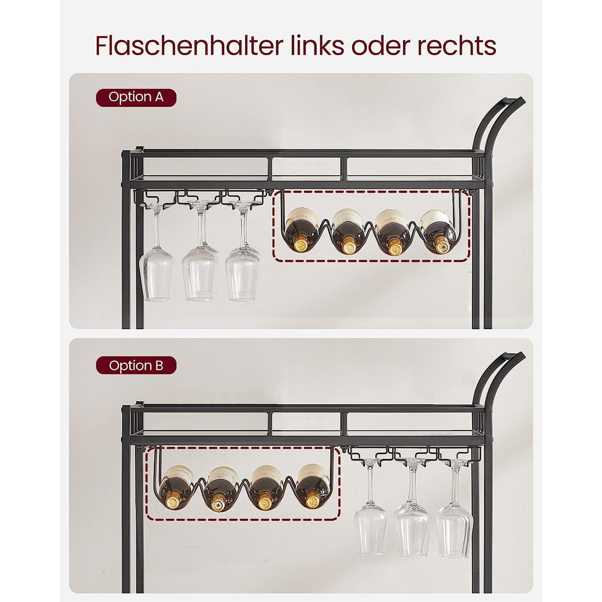 Serveerwagen op Wielen met 2 Spiegelglazen Planken en Flessenhouders, 80 x 38 x 77,5 cm