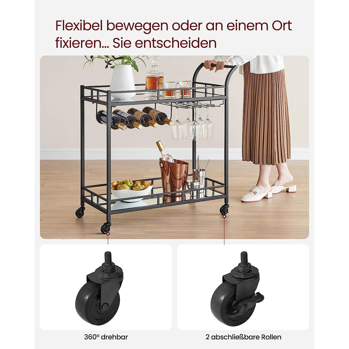 Serveerwagen op Wielen met 2 Spiegelglazen Planken en Flessenhouders, 80 x 38 x 77,5 cm