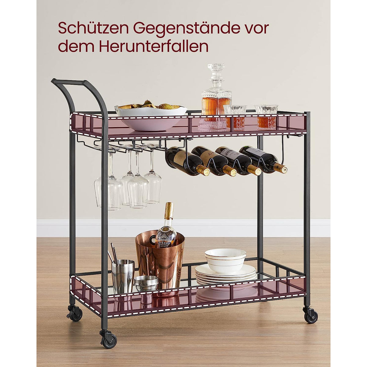 Serveerwagen op Wielen met 2 Spiegelglazen Planken en Flessenhouders, 80 x 38 x 77,5 cm