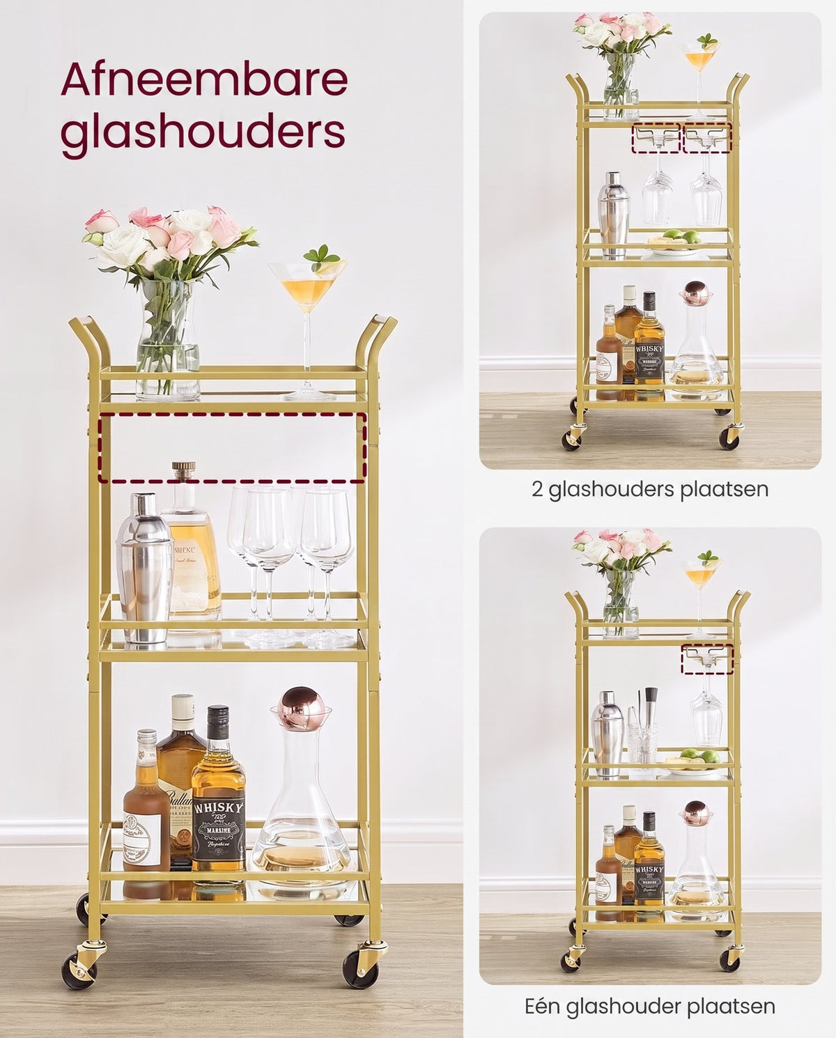 Serveerwagen op Wielen met 3 Spiegelglazen Planken en Glashouders, 30 x 46,8 x 92 cm