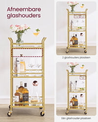 Serveerwagen op Wielen met 3 Spiegelglazen Planken en Glashouders, 30 x 46,8 x 92 cm