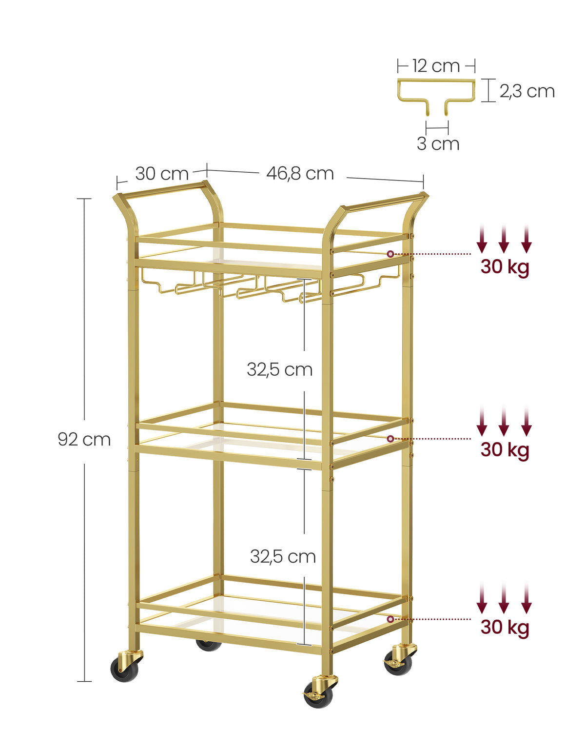 Serveerwagen op Wielen met 3 Spiegelglazen Planken en Glashouders, 30 x 46,8 x 92 cm