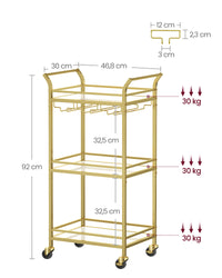 Serveerwagen op Wielen met 3 Spiegelglazen Planken en Glashouders, 30 x 46,8 x 92 cm