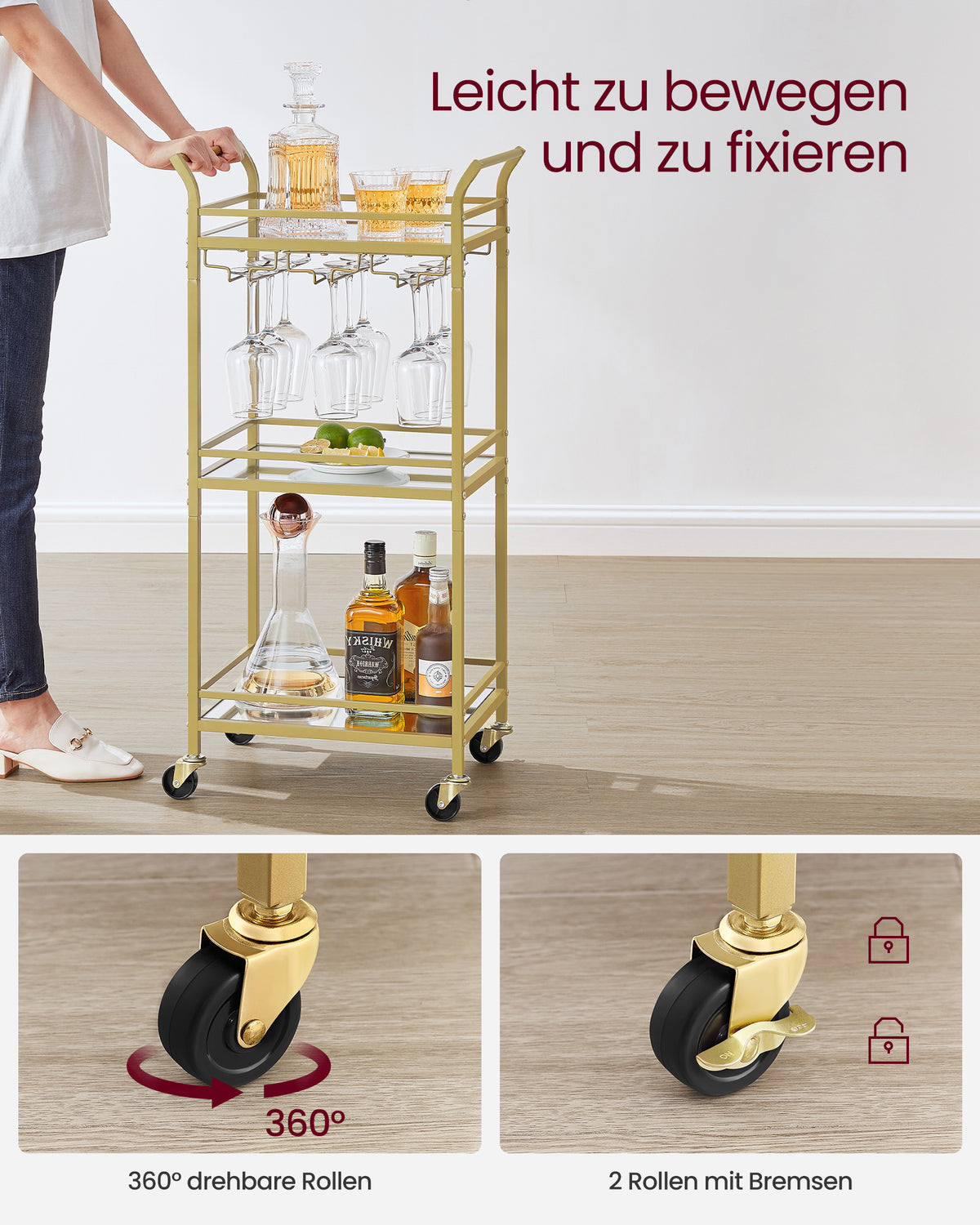 Serveerwagen op Wielen met 3 Spiegelglazen Planken en Glashouders, 30 x 46,8 x 92 cm