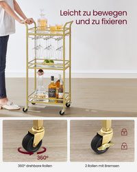Serveerwagen op Wielen met 3 Spiegelglazen Planken en Glashouders, 30 x 46,8 x 92 cm
