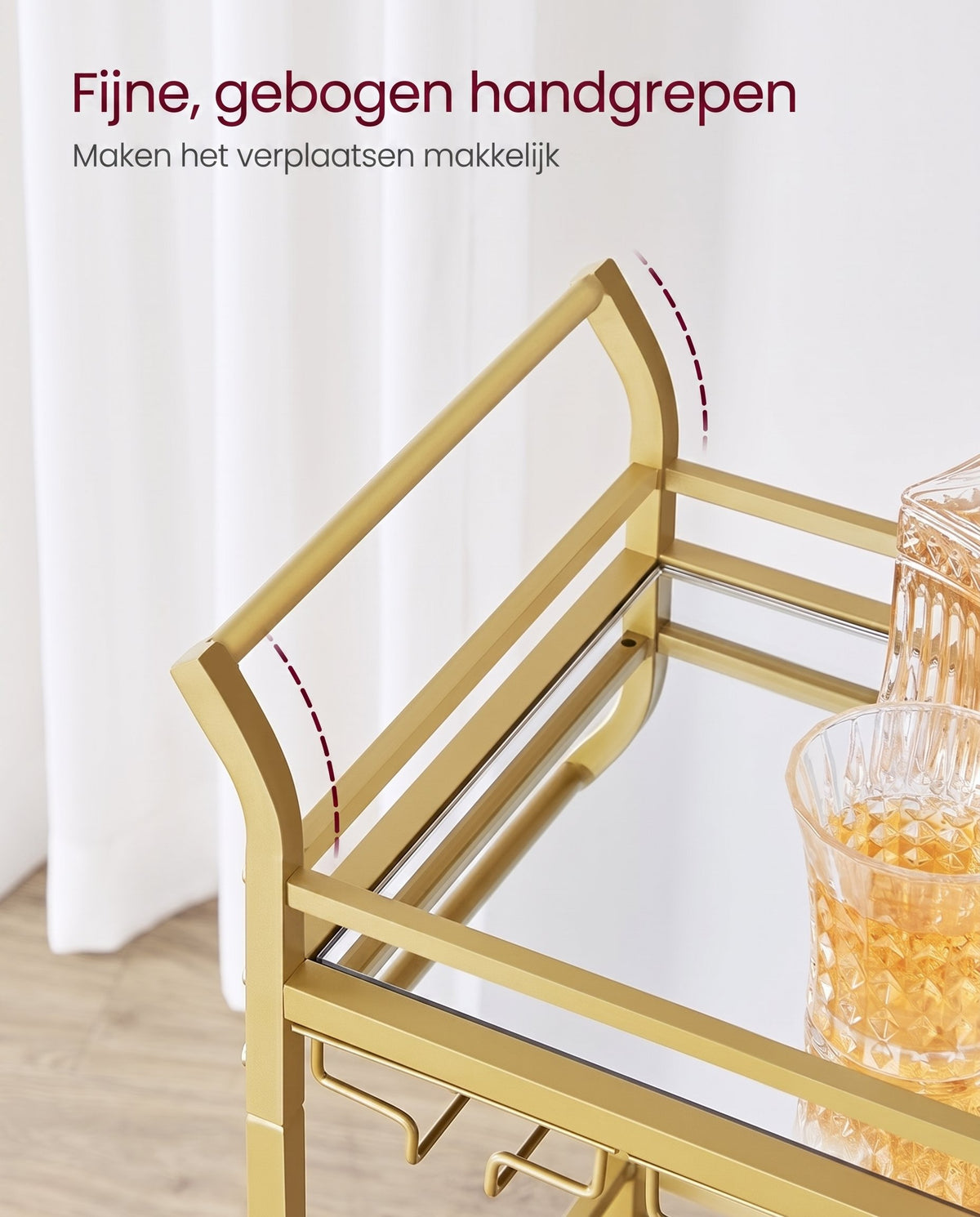 Serveerwagen op Wielen met 3 Spiegelglazen Planken en Glashouders, 30 x 46,8 x 92 cm