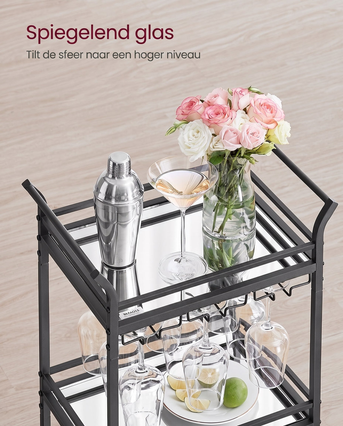 Serveerwagen op Wielen met 3 Spiegelglazen Planken en Glashouders, 30 x 46,8 x 92 cm
