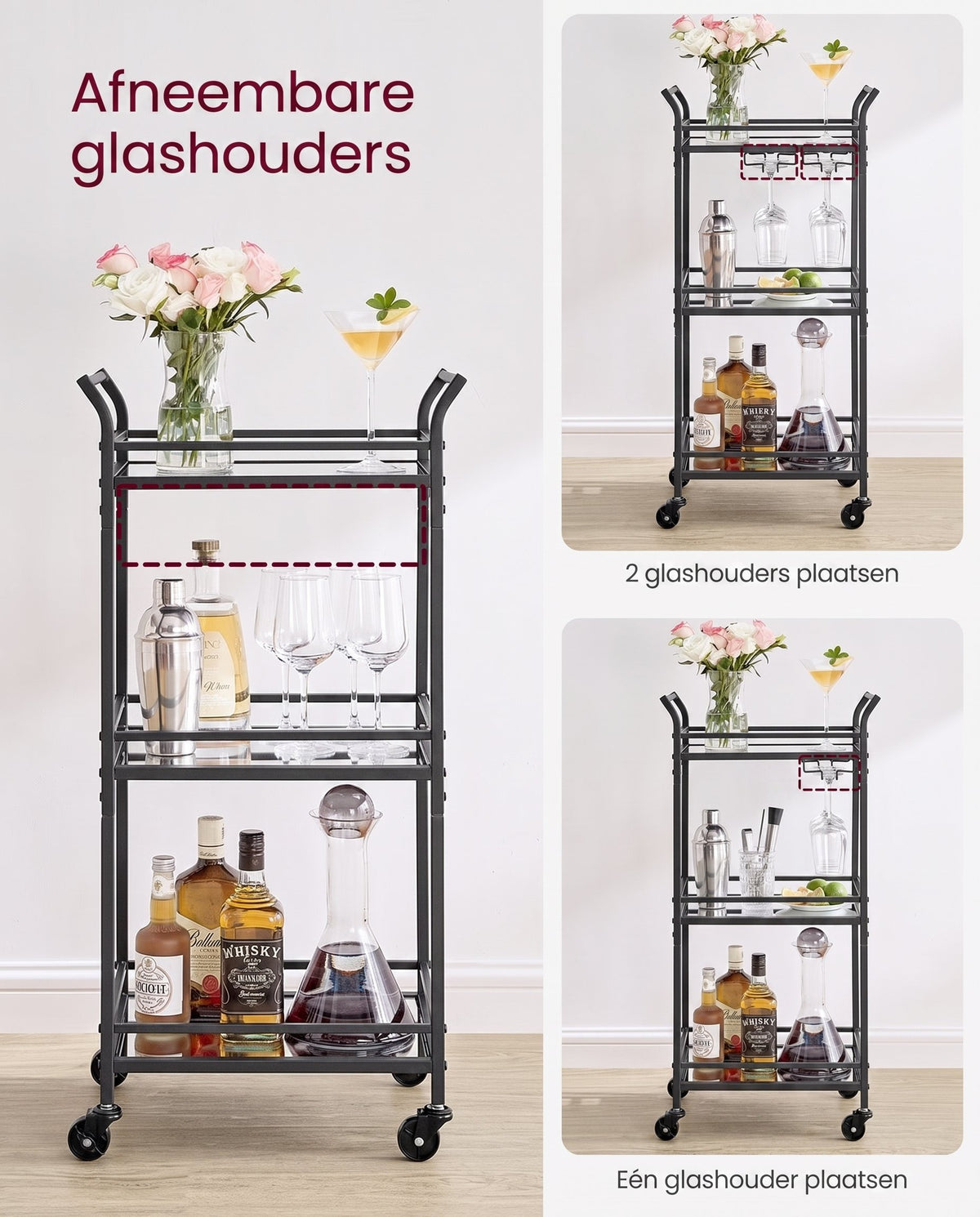 Serveerwagen op Wielen met 3 Spiegelglazen Planken en Glashouders, 30 x 46,8 x 92 cm