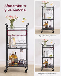 Serveerwagen op Wielen met 3 Spiegelglazen Planken en Glashouders, 30 x 46,8 x 92 cm
