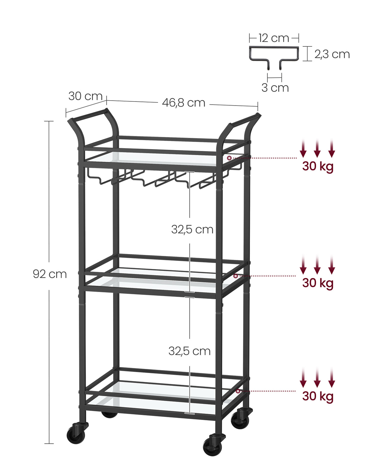 Serveerwagen op Wielen met 3 Spiegelglazen Planken en Glashouders, 30 x 46,8 x 92 cm