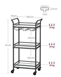 Serveerwagen op Wielen met 3 Spiegelglazen Planken en Glashouders, 30 x 46,8 x 92 cm