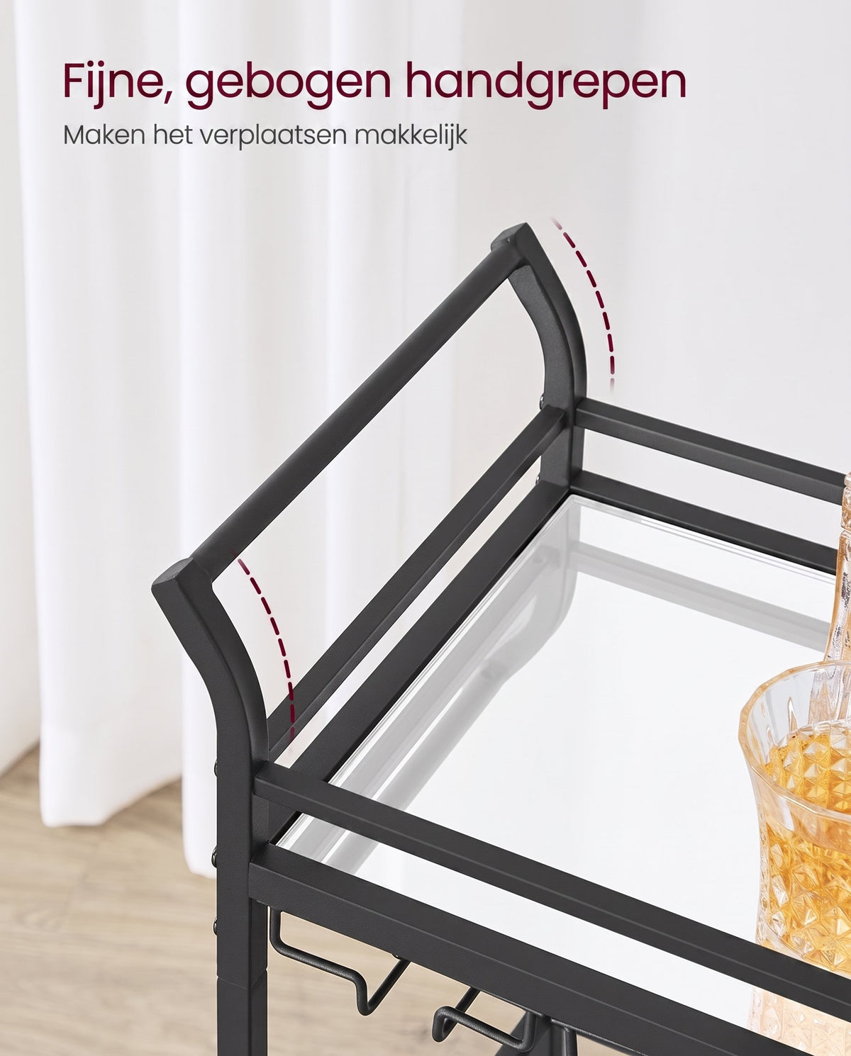Serveerwagen op Wielen met 3 Spiegelglazen Planken en Glashouders, 30 x 46,8 x 92 cm