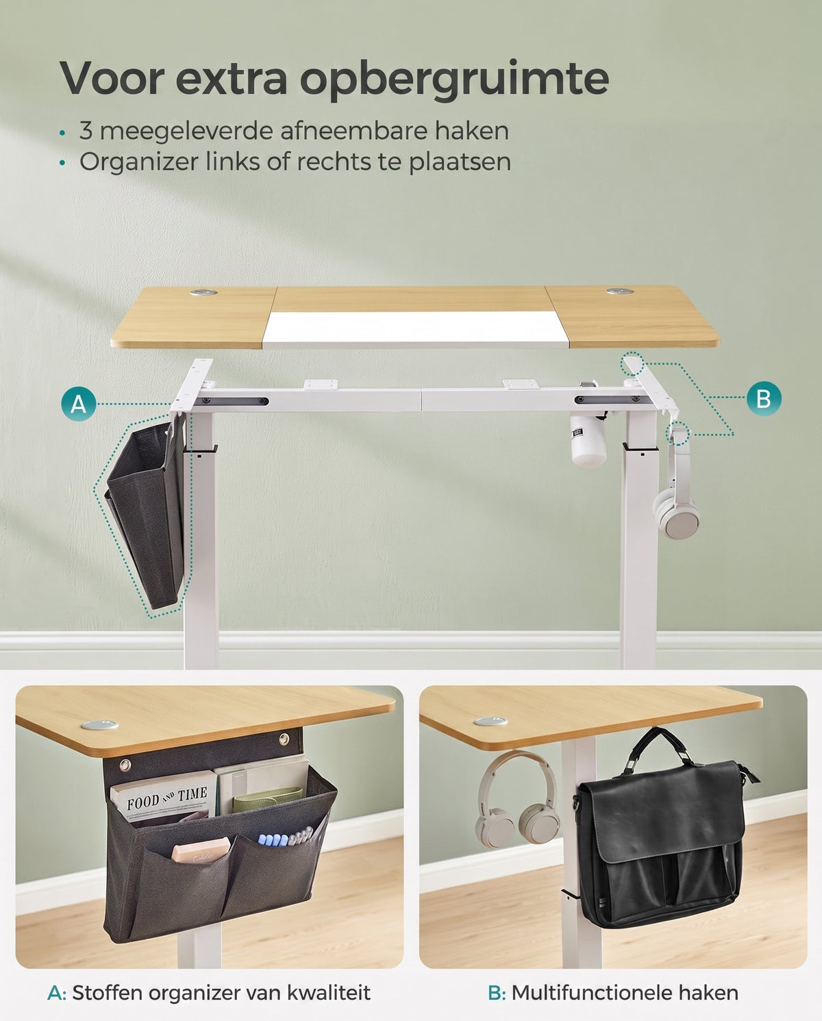 Elektrisch Zit-Sta Bureau met Gesplitst Blad, Stoffen Zak en 4 Geheugenstanden