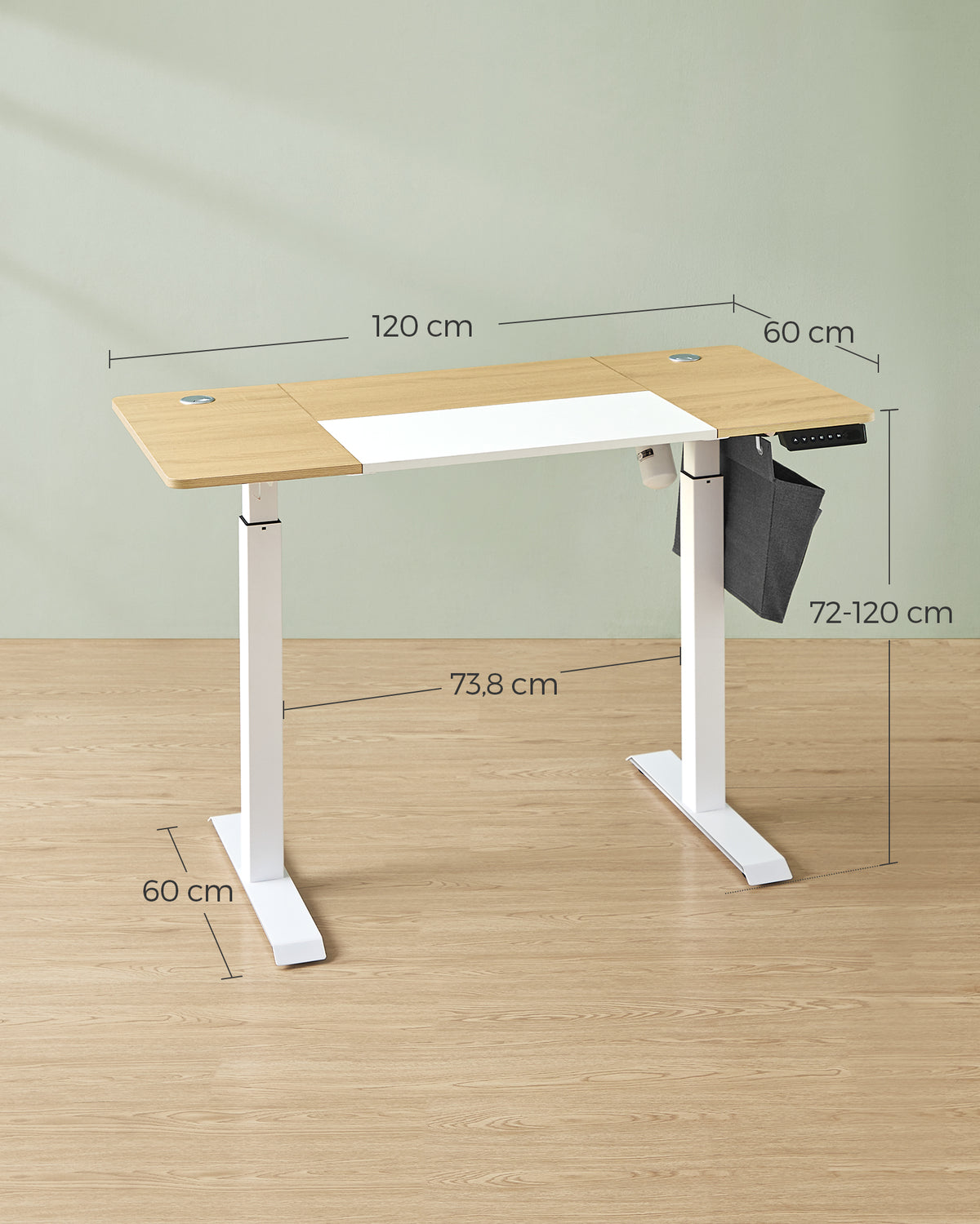 Elektrisch Zit-Sta Bureau met Gesplitst Blad, Stoffen Zak en 4 Geheugenstanden
