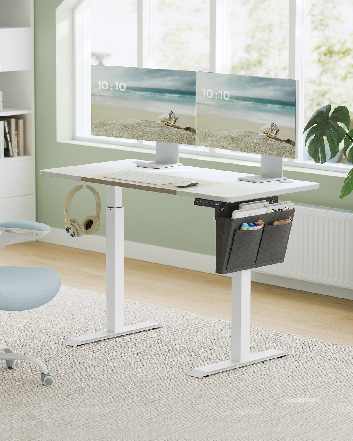 Elektrisch Zit-Sta Bureau met Gesplitst Blad, Stoffen Zak en 4 Geheugenstanden
