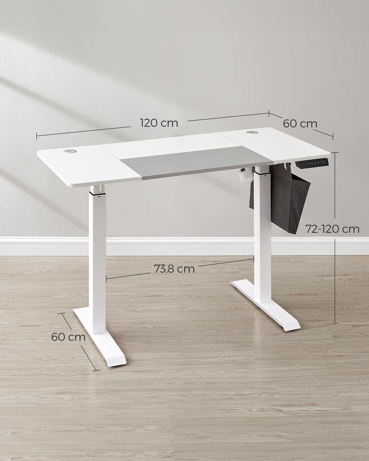 Elektrisch Zit-Sta Bureau met Gesplitst Blad, Stoffen Zak en 4 Geheugenstanden