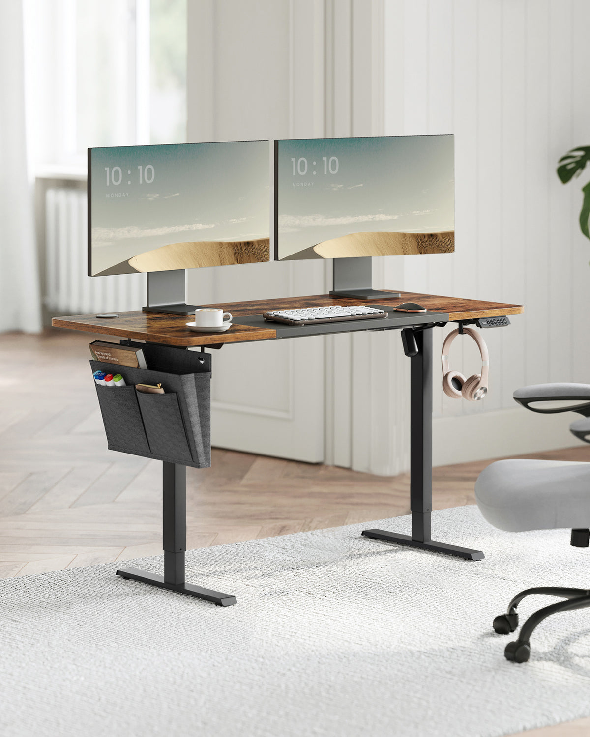 Elektrisch Zit-Sta Bureau met Gesplitst Blad, Stoffen Zak en 4 Geheugenstanden