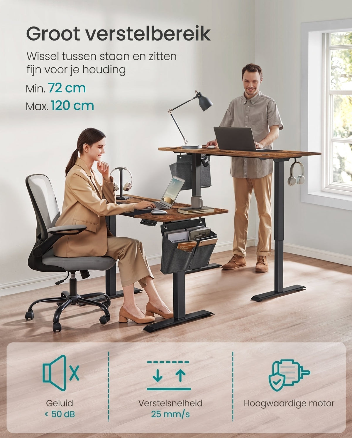 Elektrisch Zit-Sta Bureau met Gesplitst Blad, Stoffen Zak en 4 Geheugenstanden